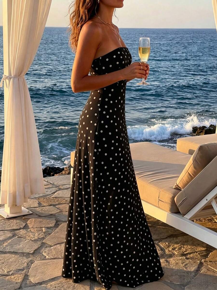 Plameo 优雅女士波点无肩带无袖雪纺连衣裙，修身A字廓形，无弹力面料，适合夏季场合/度假/海滩/约会，黑色 - 黑色 - 查看 1