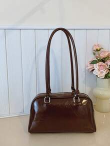 Faux Leather Solid Color Retro Multi-Pocket Large Capacity Women's Shoulder Bag, Comes With Accessory Charm (Accessory Charm May Vary Slightly By Batch) - Coffee Brown - View 6