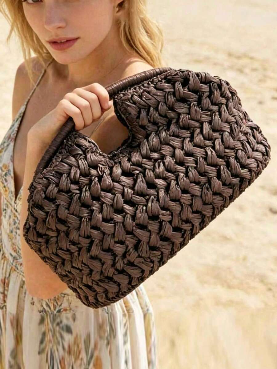 2026 New Natural Fiber Clutch, Handwoven Raffia Grass Summer Beach Bag, , Straw Bag - Coffee - View 1