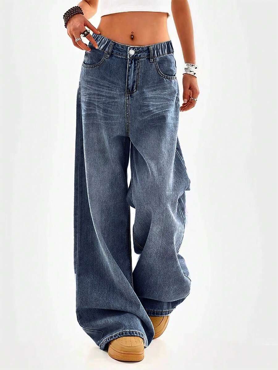 Light Blue Straight Leg Jeans For Tween Girls & Teenagers, Casual Loose Fit Retro Wide Leg Pants - Navy Blue - View 1