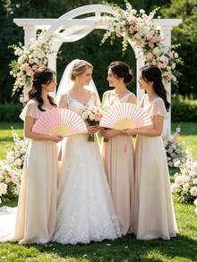 3件套婚礼手扇礼盒，女士折叠手扇，粉色蝴蝶结，流苏，透明欧根纱袋，婚礼派对装饰，派对用品，小礼物，适用于婚礼、新娘送礼会、伴娘拍照道具、节日等场合。 - 彩色 - 查看 5