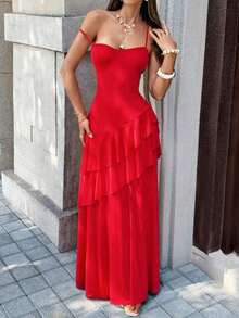 [Spring/Summer 2026 Best Sellers]Vaiaye Women's Tropical Hawaiian Bohemian Beach Vacation Maxi Dress, Solid Color Elegant Spaghetti Strap Backless High Slit Hem, Suitable Valentine's Day(Sequins/Rhinestones/Wedding Guest/Bodycon) - 紅色 - 查看 13