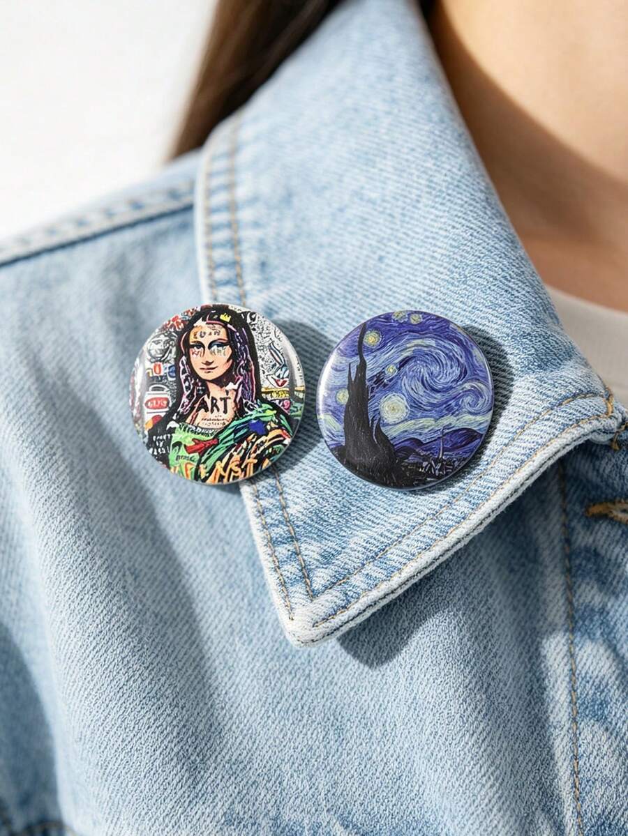 1件套梵高《星夜》和《蒙娜丽莎》艺术胸针,创意绘画徽章别针,可用于背包、牛仔裤、包包装饰 - 彩色 - 查看 1