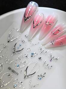 1张5D银色法式美甲贴纸，奢华镂空心形项链图案，浮雕几何贴纸，美甲用品 - 彩色 - 查看 7