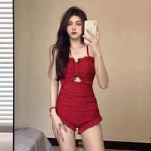 Traje de baño de verano para mujer, estilizador, sexy, discreto, para busto pequeño, con efecto push-up, que disimula el abdomen, traje de baño de una pieza estilizador para baños termales. - Mono acanalado [2212] Rojo - Ver 2