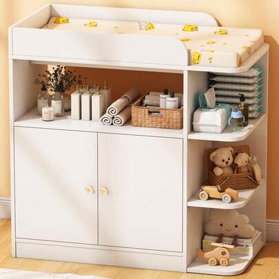 Changing Table Dresser With Storage, Diaper Changing Station With Large Cabinet And 4 Open Shelves, Multifunctional Sturdy Wooden Baby Dresser With Crystal Knobs For Nursery (No Pad)