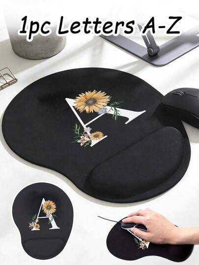 Ergonomic Wrist Rest Mouse Pad With A-Z Floral Initial Letter & Sunflower Flower Print. Features Include An Ergonomic Eva Wrist Rest, Non-Slip Memory Foam, A Comfortable And Smooth Wrist Rest, And A Skin-Friendly Desktop Support Pad/Protective Mat, High-Quality Material Black Non-Slip Mouse Mat