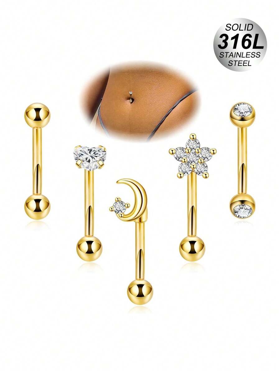 5 chiếc khuyên rốn nhỏ bằng thép không gỉ 316L cỡ 14G 16G dành cho nữ, khuyên rốn nhỏ nhắn không gây dị ứng, đính đá Cubic Zirconia, trang sức xỏ rốn đơn giản 10MM - Nhiều màu - Xem 1