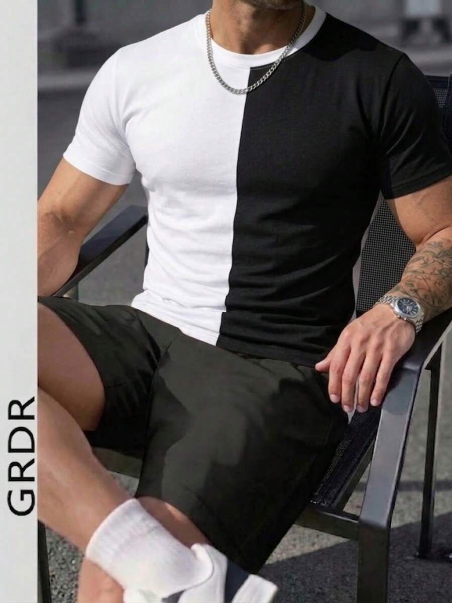 GRDR Men's Summer Classic Contrast Color Design Crew Neck Short Sleeve T-Shirt, Fashionable Minimalist Commuter Versatile - Black and White - View 1