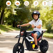 Gaderth 24V Ride On Motorcycle For Kids, 350w Mini Dirt Bike With Rear Wheel Suspension,13.67 MPH Max Speed, 12 Miles Range,Twist Grip Throttle, Built-In Music,And Comfortable Leather Seats - Black - View 3