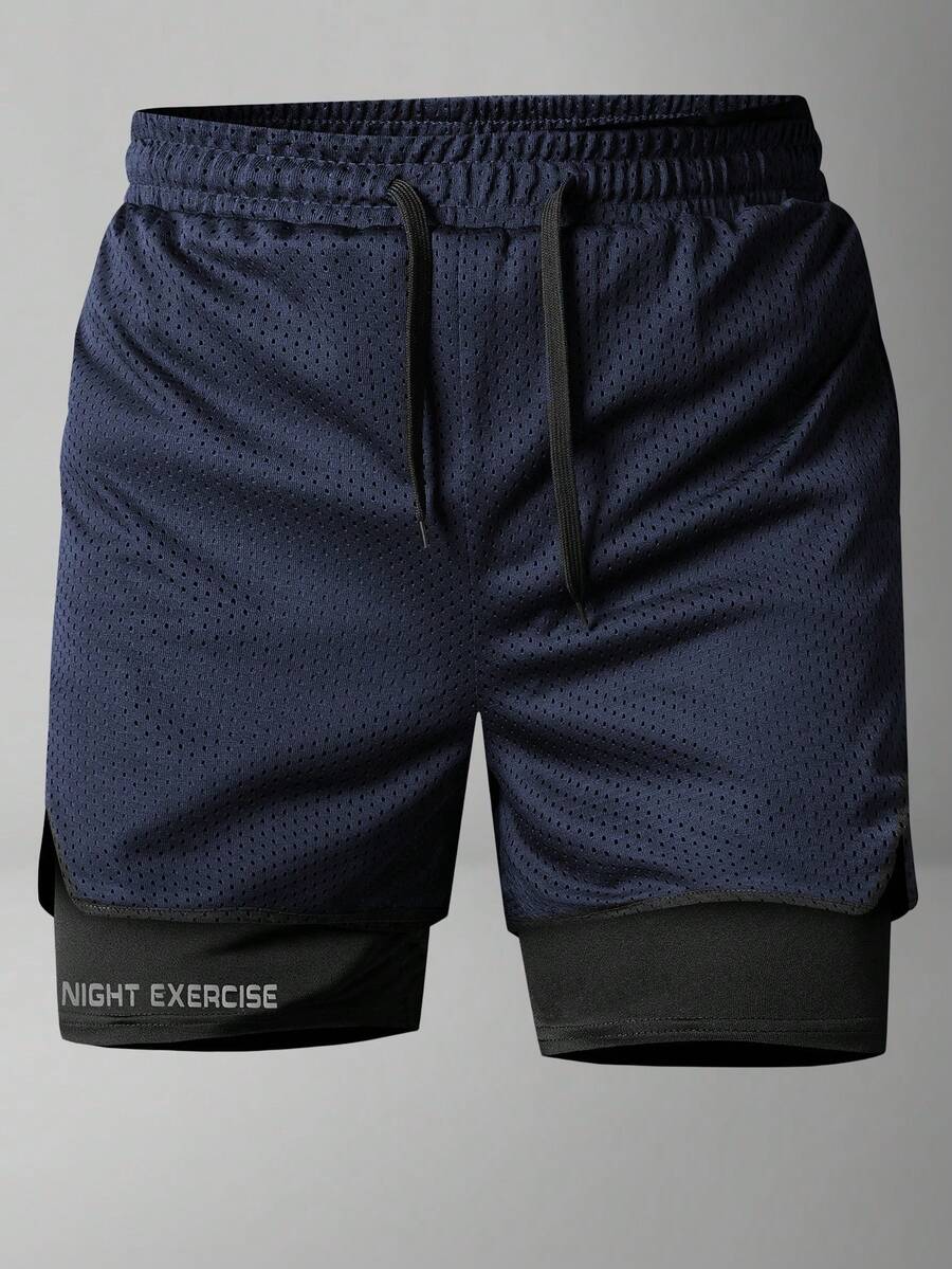 1pc Men's Summer Activewear Cycling Shorts, Breathable Quick-Dry Stretchy Fitness Sports Running Tight Shorts With Letter Print - Blue - View 1