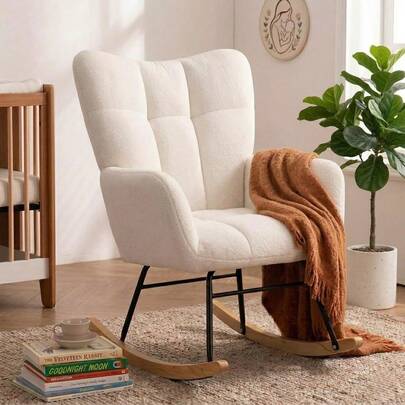 Nursery Rocking Chair, Rocking Chairs For Nursery, Baby Rocker Chair, Glider Rocker, Anti-Tip Safety Design, 440 Lb Weight Capacity, Cotton Fabric Cover, White
