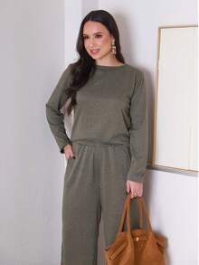 Women's Olive Green Knit Set - Long-Sleeved Blouse And Flare Palazzo Pants With Pockets - Elegant Women's Winter Set - Women's Wide Leg Pants - Autumn/Winter Look - Women's Clothing - Cold Weather Set - Sizes S M L XL - 橄欖綠 - 查看 7