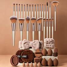 51PCS Makeup Tool Set Includes: 25PCS Makeup Brush Set+5PCS Makeup Sponge+5PCS Mini Makeup Sponge+5PCS Triangular Powder Puff+5PCS Mini Air Cushion Powder Puff+2pCS Wrist Strap+2pCS Facial Cleanser Sponge+1pc Headband+1pc Makeup Brush Cleaning Tool - Coffee Brown - View 10
