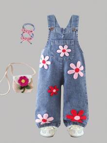1 bộ quần yếm denim thêu họa tiết phong cách Mori cổ điển cho bé gái, chất liệu nhẹ, thích hợp cho mùa xuân/hè. - Màu xanh lam - Xem 1