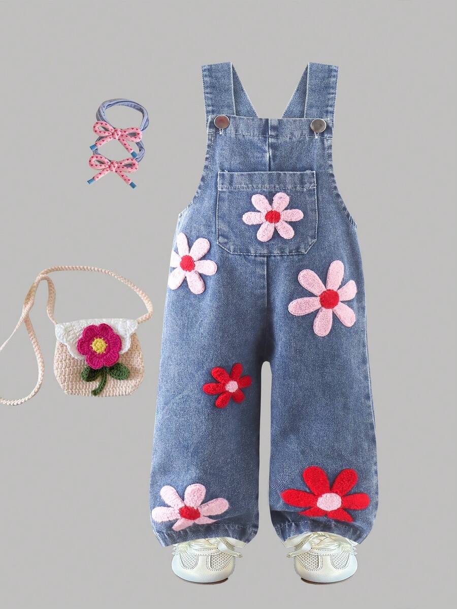 1 bộ quần yếm denim thêu họa tiết phong cách Mori cổ điển cho bé gái, chất liệu nhẹ, thích hợp cho mùa xuân/hè. - Màu xanh lam - Xem 1