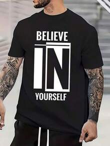 Camiseta Casual Negra de Cuello Redondo con Estampado "Believe In Yourself" para Hombre| Corte holgado, diseño llamativo, cómodo, tela ligeramente elástica, manga corta, perfecto para actividades diarias, versátil, talla grande. - Negro - Ver 1
