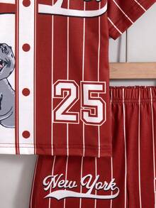 2pcs/Set Boys' Casual Striped Random Print Decor Drop Shoulder Short Sleeve Top And Elastic Waist Shorts, Spring/Summer - Burgundy - View 7