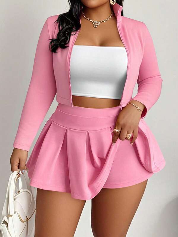 BIUBIU Conjunto de mujer talla grande, que incluye top corto con cremallera y cuello alto, y falda mini plisada, de alta elasticidad, adecuado para uso casual de primavera, elegante
