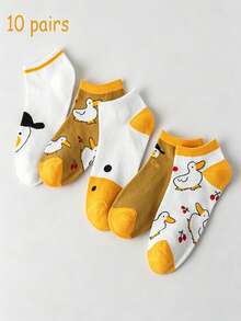 1/5/10双装 新款春夏卡通白鹅图案女士低帮隐形袜，可爱小白鹅樱桃提花浅口透气休闲隐形袜 - 彩色 - 查看 7