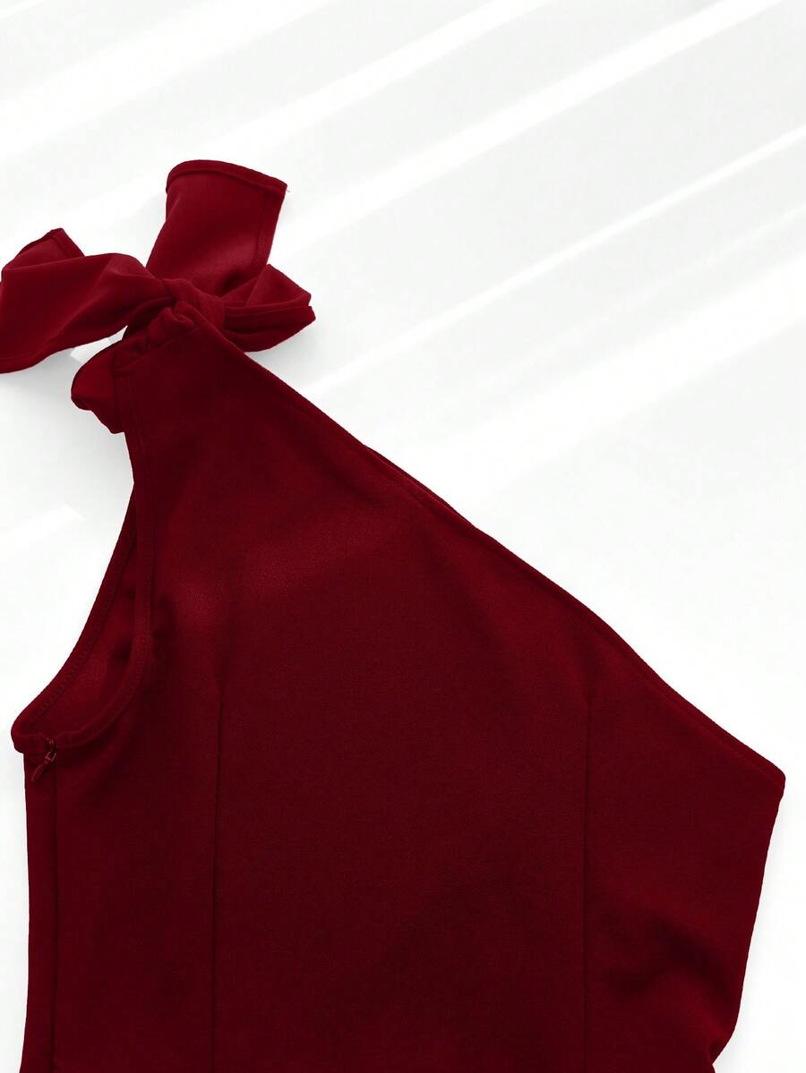 Women's Elegant Chic Minimalist Solid Color Twist Waist Wide Leg Jumpsuit - Burgundy - View 1