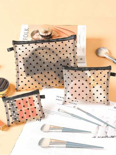 1pc/3pcs Love Printed Cosmetic Bag Flocked Clear Storage Bag, Lipstick Touch Up Card Bag Carry-On Cosmetic Bag Large Capacity Cosmetic Bag Portable Cosmetic Storage Bag, Lipstick And Coin Purse Toiletry Bag Travel Handy Storage Bag For Women Lipstick Small Bag Mesh Cosmetic Bag Shell Bag Storage Hollow Toiletry Bag, Toiletries Bag Heart Printed Transparent Mesh Cosmetic Bag Travel Toiletries