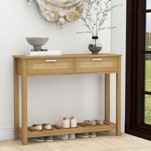 Console Table With 2 Rattan Drawers Boho Entryway Table With Storage Shelf, Narrow Wood Small Console Table For Entryway, Hallway, Living Room, Foyer - Default - View 1