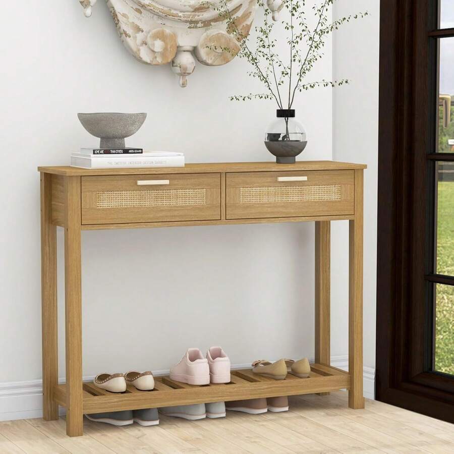 Console Table With 2 Rattan Drawers Boho Entryway Table With Storage Shelf, Narrow Wood Small Console Table For Entryway, Hallway, Living Room, Foyer - Default - View 1