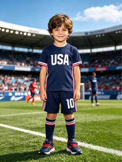 Bộ đồ thể thao 2 món cho bé trai, áo đấu bóng đá World Cup dành cho người hâm mộ, áo in hình đội tuyển Mỹ + quần short in số 10.