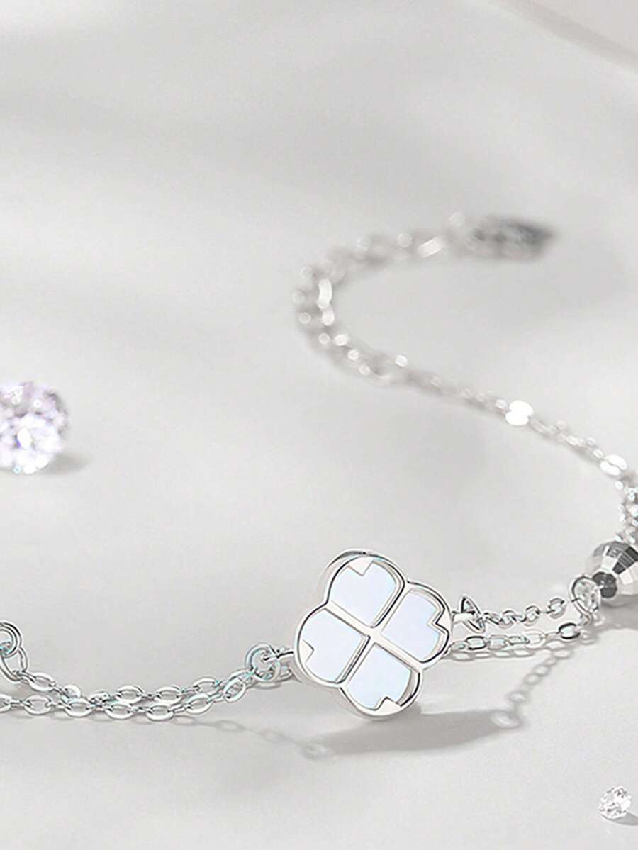 1 chiếc vòng tay bạc Sterling S925 hai lớp hình cỏ ba lá, kiểu dáng tinh tế, sang trọng, mặt dây chuyền bùa may mắn phong cách thiên nhiên, trang sức quà tặng sinh nhật thời trang đa năng dành cho phụ nữ. - cỏ bốn lá - Xem 1