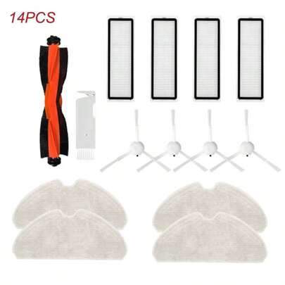 适用于 Trouver D10S/D10S Pro/Bot D9 Max 白色扫地机器人的 14 件套替换零件包 - 包括 1 个主刷、4 个边刷、4 个 HEPA 过滤器、4 块拖布、1 个清洁工具配件