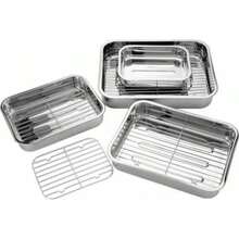 4PC STAINLESS STEEL ROASTING TRAYS OVEN PAN DISH BAKING ROASTER TRAY GRILL RACK - View 4