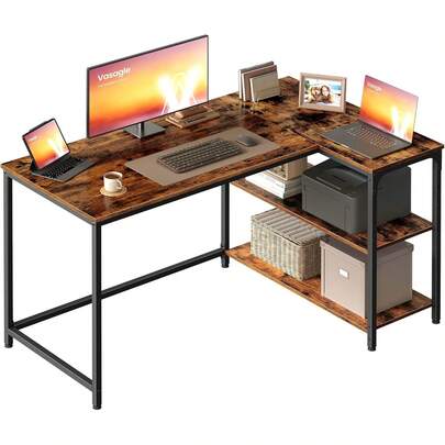 L Shaped Corner Desk, Computer Gaming Desk With Storage, Reversible Height-Adjustable Shelves, For Home Office, 110 X 80 Cm, Rustic Brown LWD135KD01