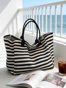 Borsa da spiaggia a righe bianche e nere di grande capacità, borsa a spalla in tela pieghevole, borsa da viaggio impermeabile e anti-sabbia adatta per gli essenziali estivi, perfetta per la spiaggia, i viaggi, il nuoto, lo shopping e l'uso quotidiano, adatta per donne, viaggiatori e amanti della spiaggia, ottima per la Primavera, Pasqua, la Festa della Mamma, le vacanze e i regali, realizzata in materiale intrecciato durevole, può essere utilizzata come borsa da spiaggia, borsa della spesa e compagna di viaggio - Multicolore - Visualizzare 7