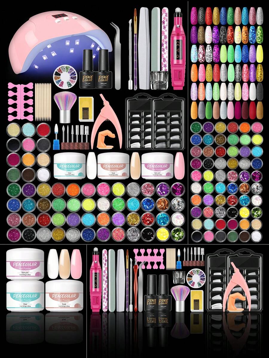 peacecolor 35 pièces Kit de manucure acrylique, comprend une lampe UV et une lime à ongles - Poudre acrylique nude transparente et rose foncé, gel de base et top coat, colle à ongles, décorations d'ongles, outils de manucure et accessoires, convient pour l'extension et la sculpture d'ongles acryliques, coffret cadeau de manucure acrylique DIY pour femmes