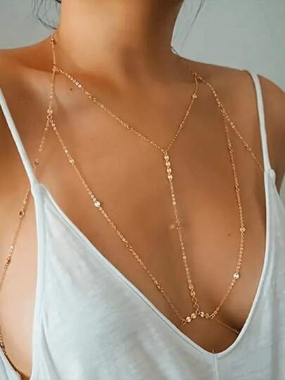 1 pieza Cadena corporal con purpurina de mujer de moda y sexy, adecuada para bikini, playa, joyería dorada, verano, joyería, cadena para la cintura, playa, cinturón, decoración de la cintura, accesorios de playa para mujer, accesorios, joyería corporal, joyería corporal para mujer, cadena corporal para mujer, festival, accesorios para el cabello, accesorios de playa, joyería corporal