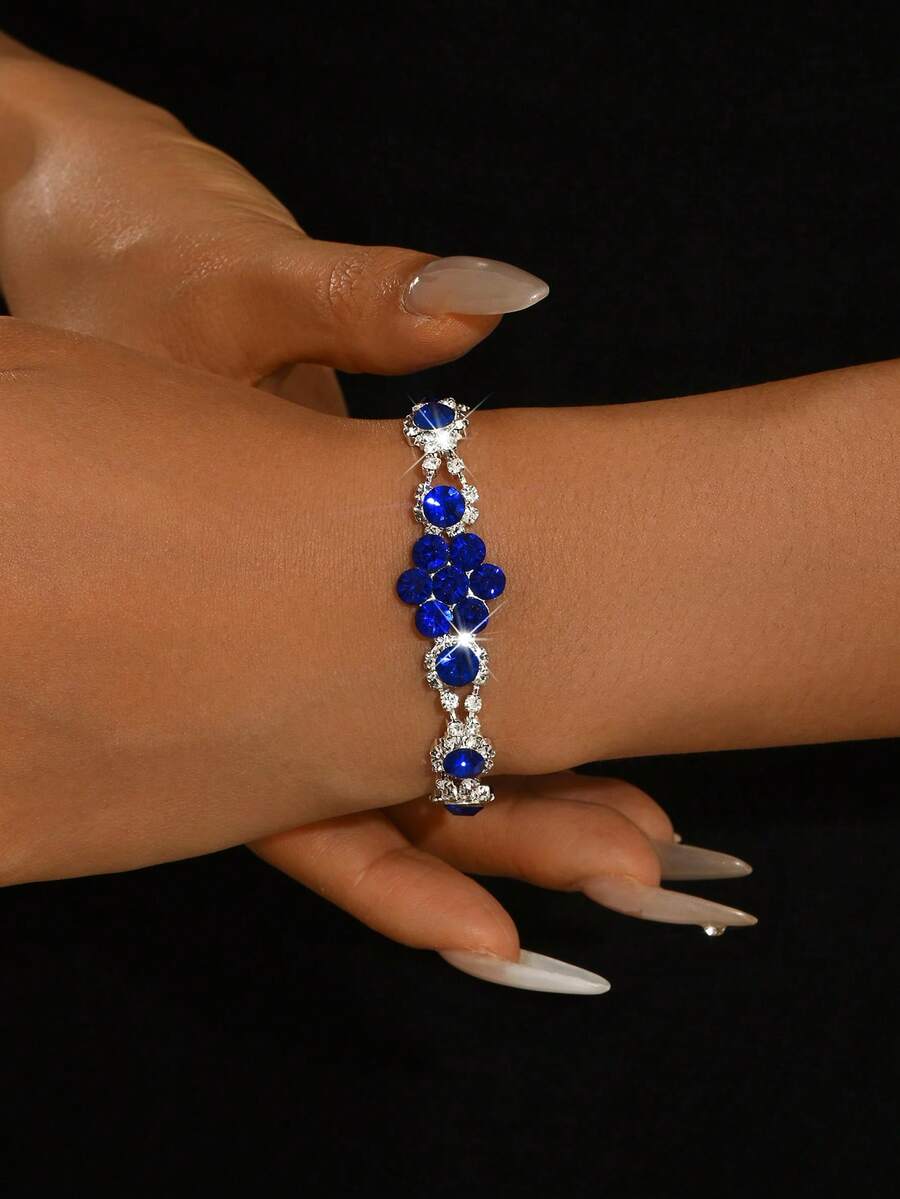 1pc Luxury Stackable Rhinestone Flower Chain Bracelet, Adjustable Copper Material, Suitable For Weddings, Galas, Beach Parties, Valentine's Day, Anniversaries - Blue - View 1