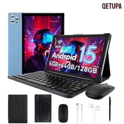 Qetupa M9 10.1 Inch Android 15 Tablet,4GB RAM+64GB/128GB ROM,MTK 6762 Octa-Core 2.0GHZ Processor,5MP Front Camera&13MP Rear Camera,6000mAh Large Battery,HD(1280x800) IPS Touch Screen,BT 5.4&802.11ac WiFi 5,No Support SIM Card,With Keyboard,Mouse,Case,Stylus,Type-C Cable,Earphone-The Best Gift For Halloween, Birthday And Christmas Surprises( NO Adaptador)