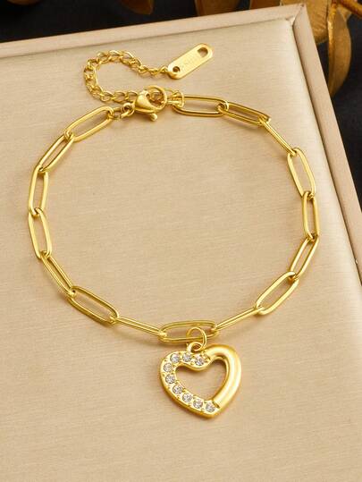 1 pieza Brazalete de acero inoxidable chapado en oro con colgante de corazón de moda, de doble color, con diamante incrustado, joyería sencilla para uso diario