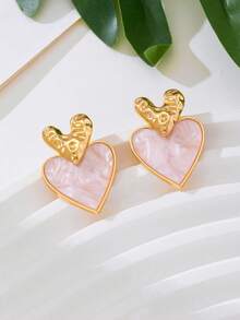 1 par de pendientes de botón con forma de corazón rosa vintage con textura, adecuados para bodas, fiestas y uso diario - Rosa - Ver 4