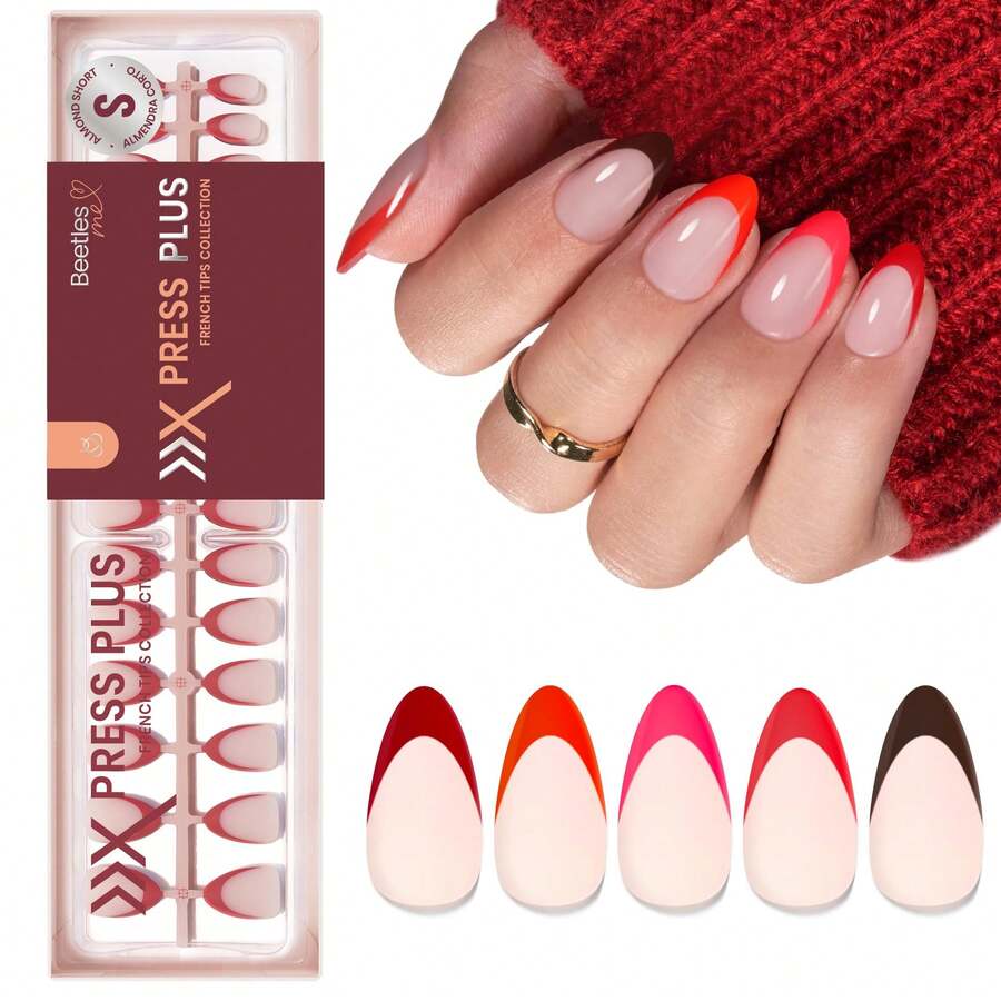 Beetles 160 Pcs 16 Sizes X Press Red French Tip Press On Nails - Rouge French | 5 Colors Short Almond Natural Salon Quality For Nails - 160Pcs S Almond-Rouge French - 查看 1
