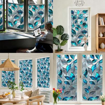 1/3pcs Blue Leaf Static Cling Window Film,Stained Glass Privacy Decorative Film Non Adhesive Removable Glass Sticker For Bathroom Bedroom Living Room Window Decor