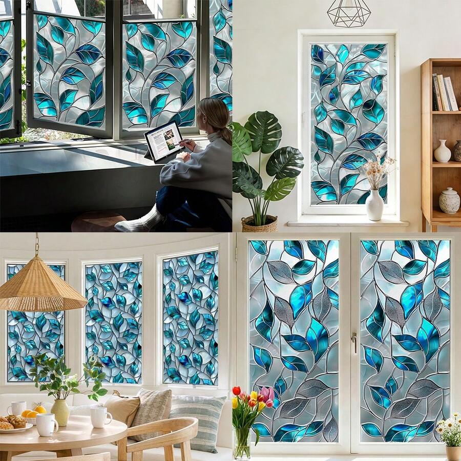 1/3pcs Blue Leaf Static Cling Window Film,Stained Glass Privacy Decorative Film Non Adhesive Removable Glass Sticker For Bathroom Bedroom Living Room Window Decor