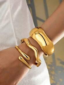 3pcs/Set Minimalist Gold-Tone Asymmetrical Water Drop Thick Textured Bangle Bracelet Set, Suitable For Women, Chunky Smooth Matte Heavy Metal & Zinc Alloy Material - Yellow Gold - View 10
