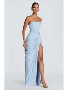2026 [Spring/Summer Style]Strapless Asymmetrical Pleated High Slit Maxi Dress For Women, Sexy French Romantic Evening Party Gown - 淺黃色 - 查看 8