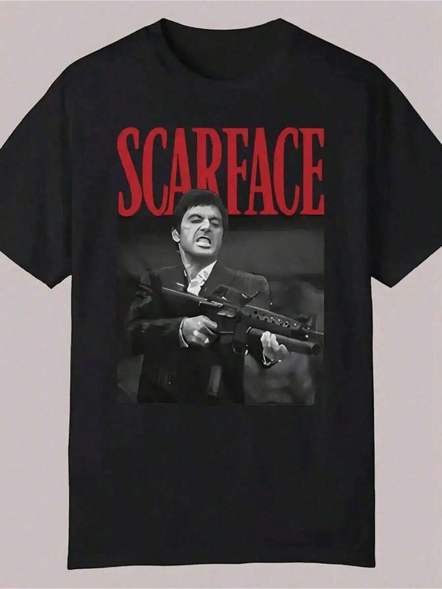 Men's Graphic Tee - Tony Movie Inspired Design - Black With Red Text - Lightweight Polyester Crew Neck Tee - Regular Fit - Black - View 1