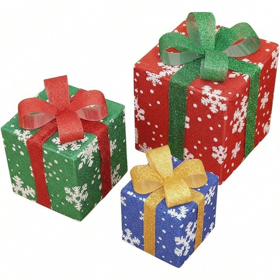 Juego de 3 Cajas de regalode Navidad con luz LED, Decoraciones para Regalos o Regalos de Exterior, Bajo El Árbol de Navidad Paquetes para Fiestas de Interior (Multicolor-C) - Blanco - Ver 1