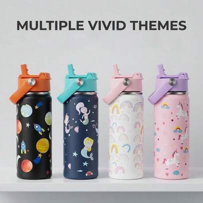 1 pièce Bouteille d'eau isolée de 18 oz avec couvercle à paille et couvercle à bec verseur, double paroi en acier inoxydable étanche, convient pour l'école, le bureau, le camping...