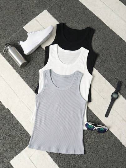 3pcs Boys' Cotton Knit Vest Set, Comfortable Solid Color Sleeveless Undershirt, Children's Sports Basic Underwear Vest, Suitable For Summer School Uniform And Daily Wear