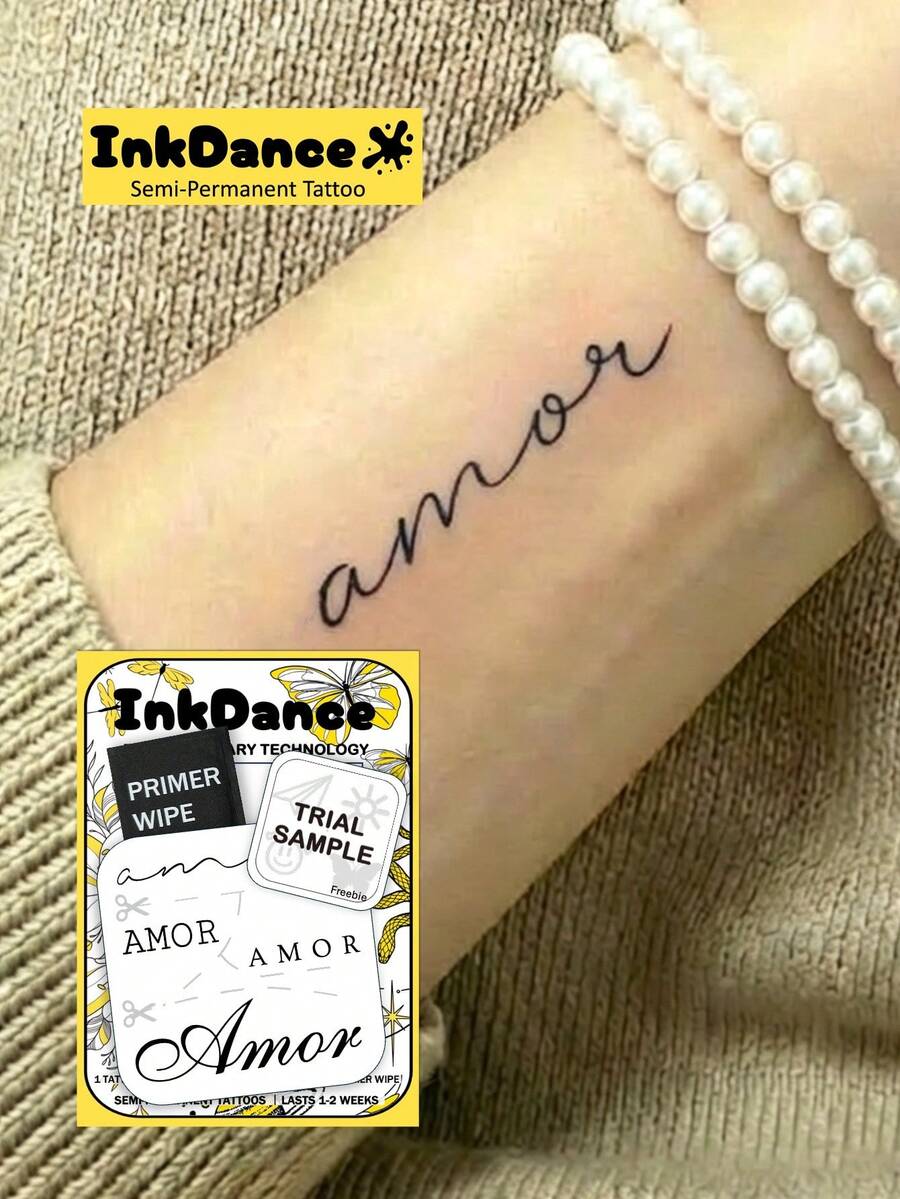 1 Set "Amor" New Technology Temporary Tattoo Stickers, Semi-Permanent Fake Tattoos, Waterproof Long-Lasting, Realistic Design, Monarch's Roar, Plant-Based Formula, Ink Dance Gift Holiday Body Art MNF211 - Black - View 1